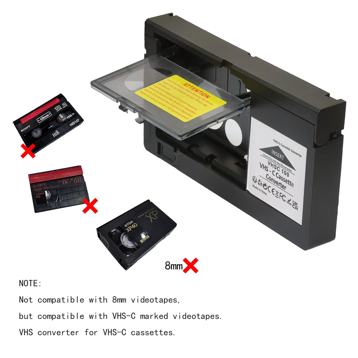 BECBOLDF VHS-C cassette inserted showing seamless compatibility benefit