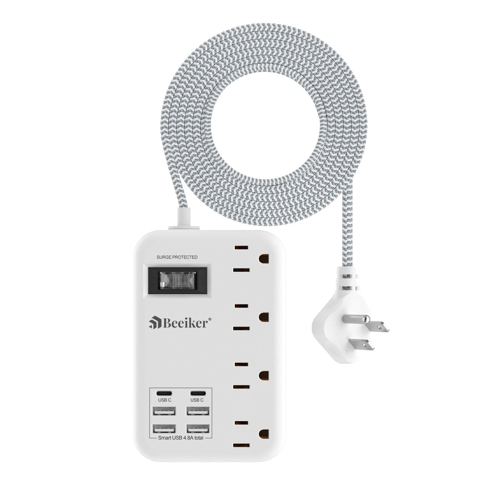 Beeiker 6-port USB-C surge protector front view for organized charging.
