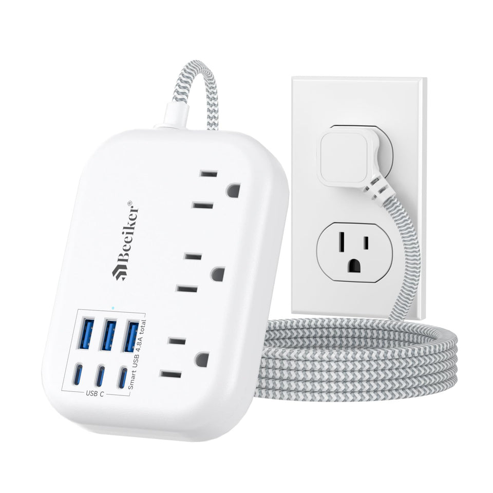 Beeiker 6 USB travel power strip top view showing compact dorm and travel charging hub.