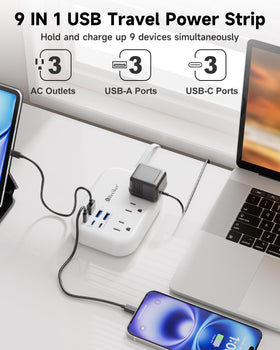 Beeiker 9-in-1 power strip charging USB-C and USB-A devices simultaneously.