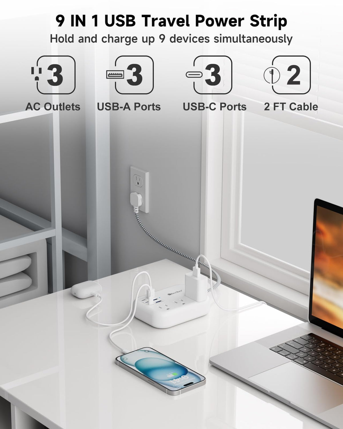 Beeiker 9 in 1 travel power strip with USB C and USB A ports for on the go charging