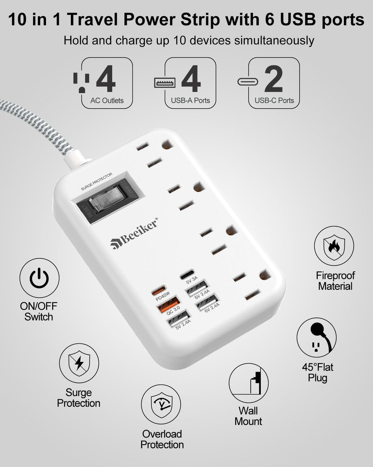 Beeiker widely spaced AC outlets accommodating bulky adapters securely