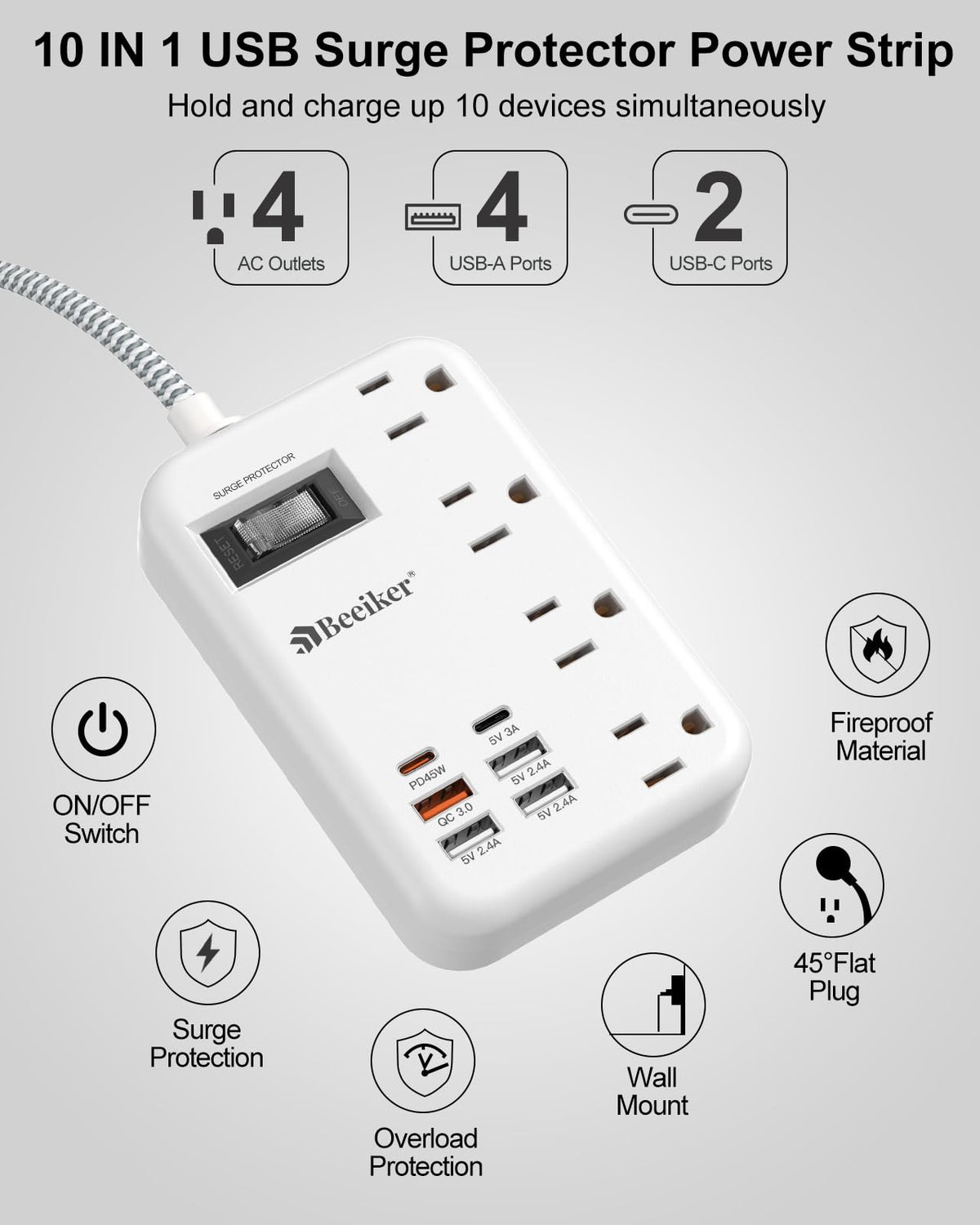Beeiker braided extension cord texture for durability and tangle resistance