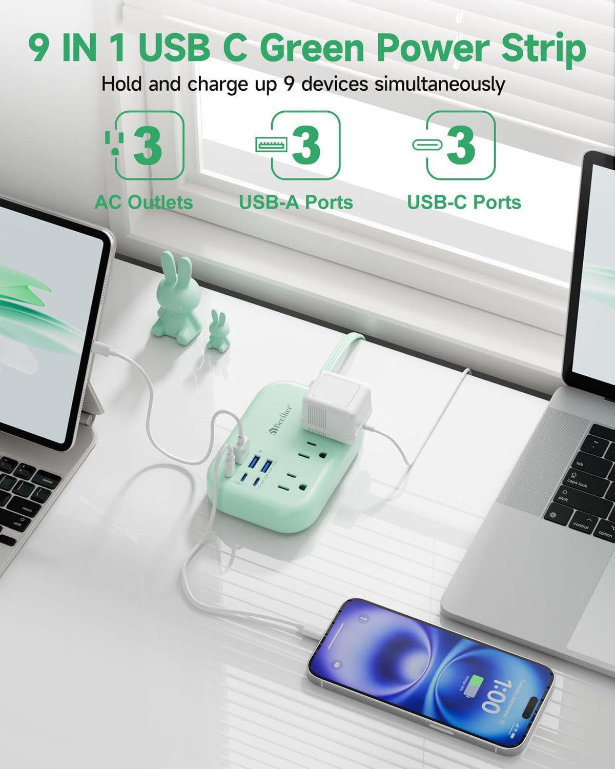 Beeiker closeup of three USB‑C and three USB‑A ports delivering smart, simultaneous charging