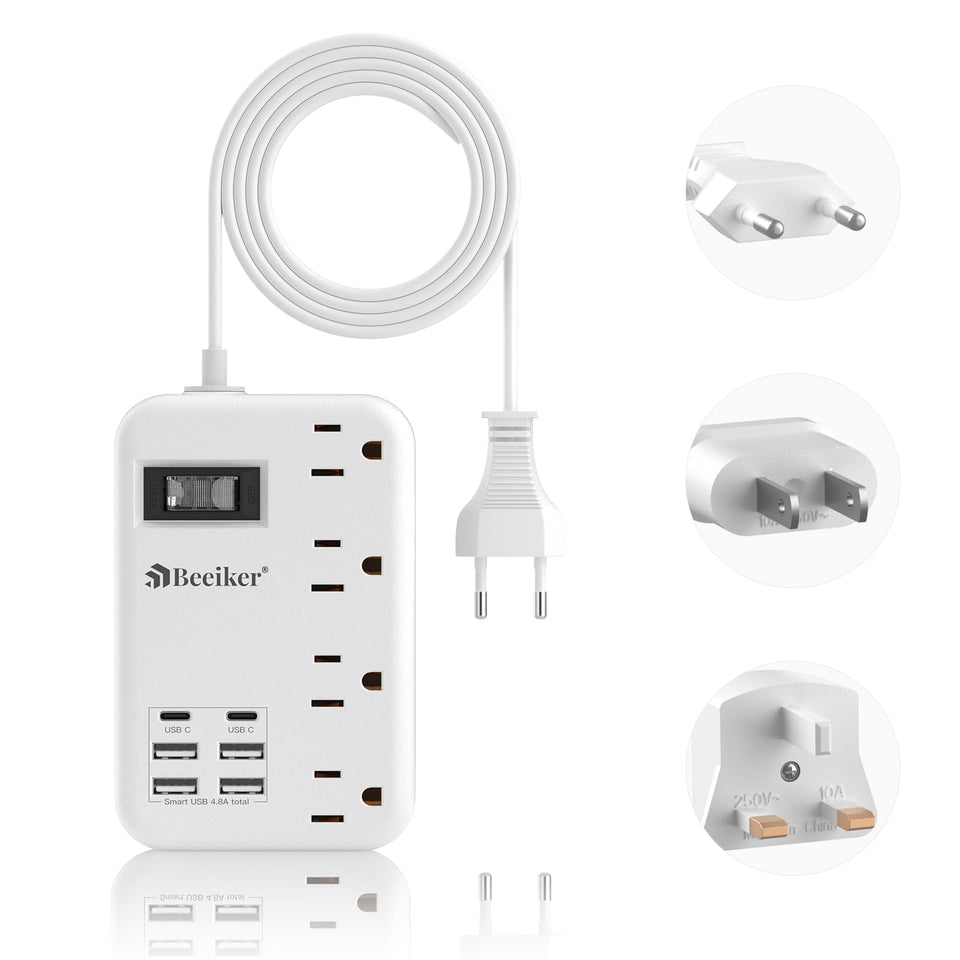 Beeiker European travel plug adapter front view, compact design for easy packing.