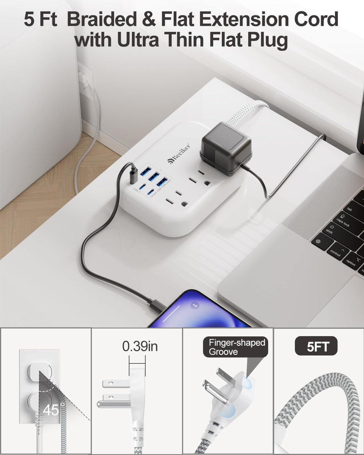 Beeiker flat plug design enables flush placement behind furniture.
