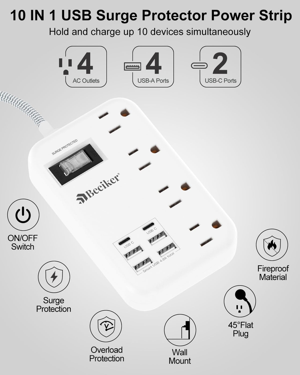 Beeiker flat plug with 5 ft braided cord for clean desk setup.