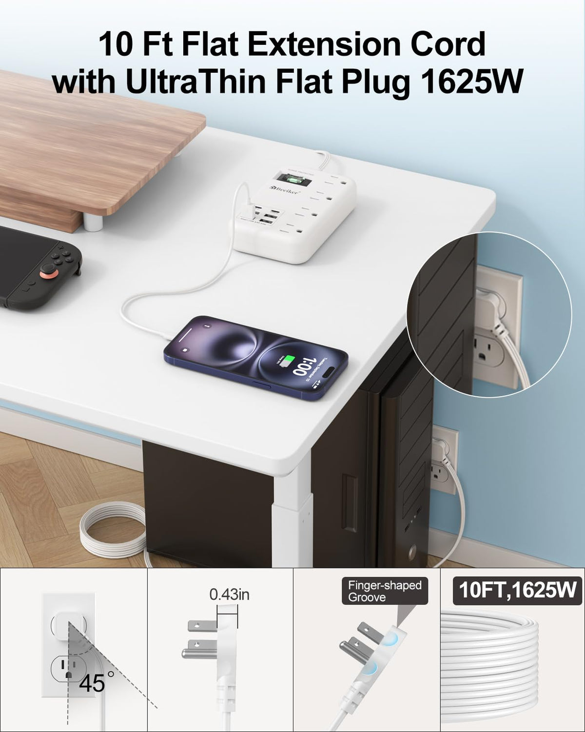 Beeiker flat 45-degree plug and ultra-thin 10ft cord for tight spaces