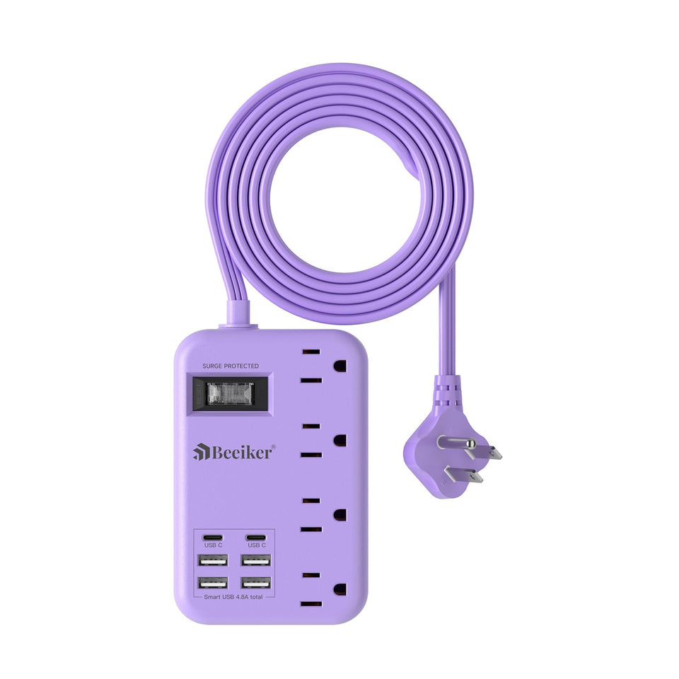 Beeiker front view of purple power strip shows compact multiport charging convenience