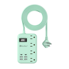 Beeiker front view of green power strip showing ports and switch, neat charging
