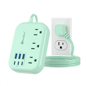 Beeiker front view of green power strip showing outlets and six USB ports for organized charging