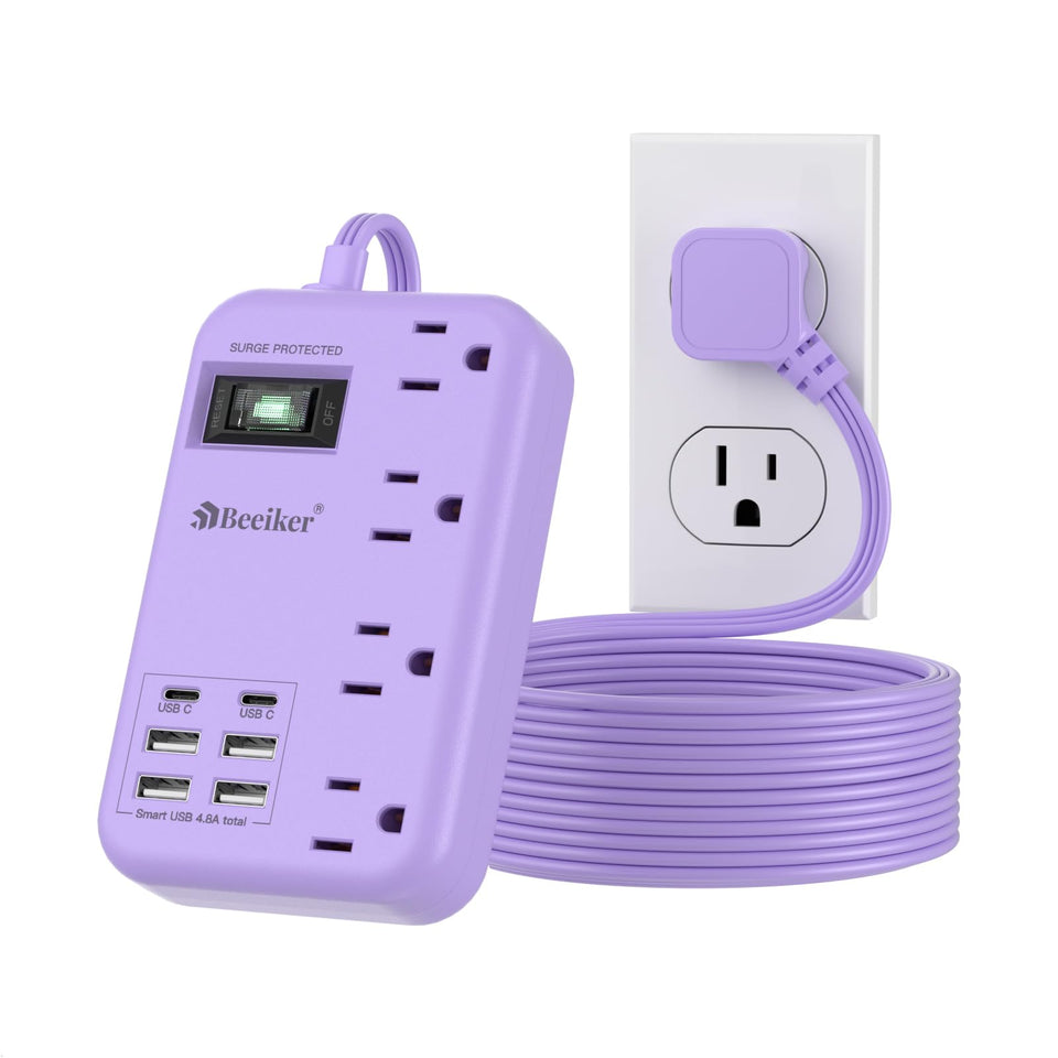 Beeiker front view of lavender power strip showing outlets and USB ports for organized charging