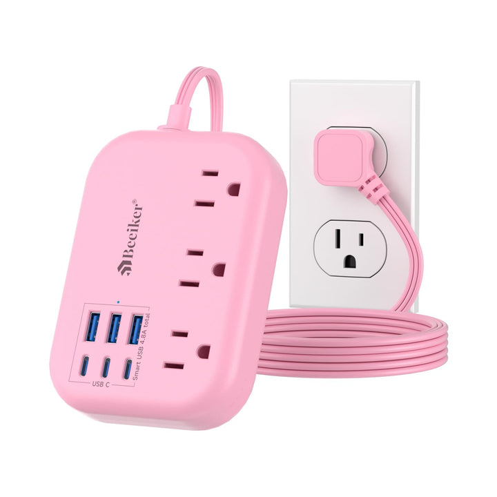 Beeiker front view of pink power strip showing ports and outlets for organized charging