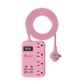 Beeiker front view of pink power strip showing outlets and ports, neat charging