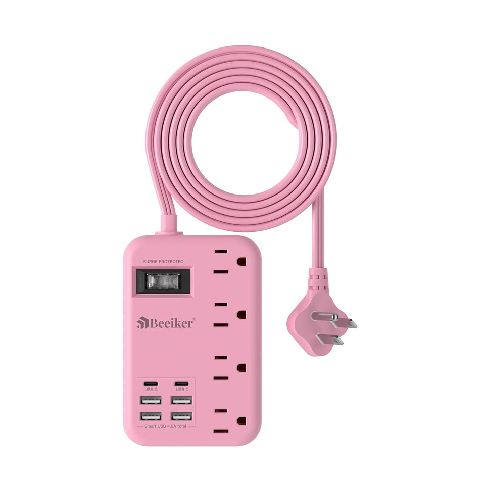 Beeiker front view of pink power strip showing outlets and ports, neat charging