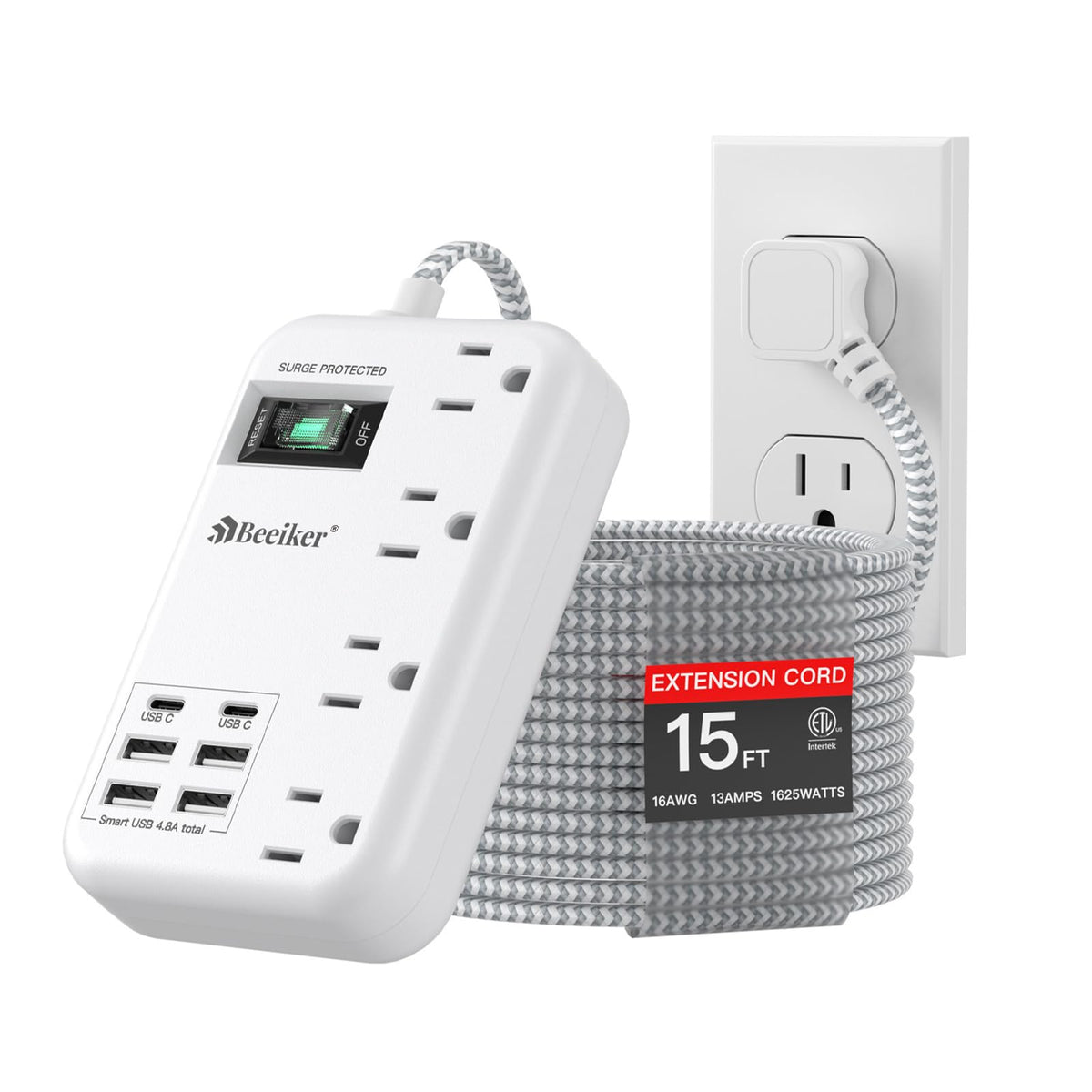 Beeiker front view showing all outlets and USB ports, organized charging