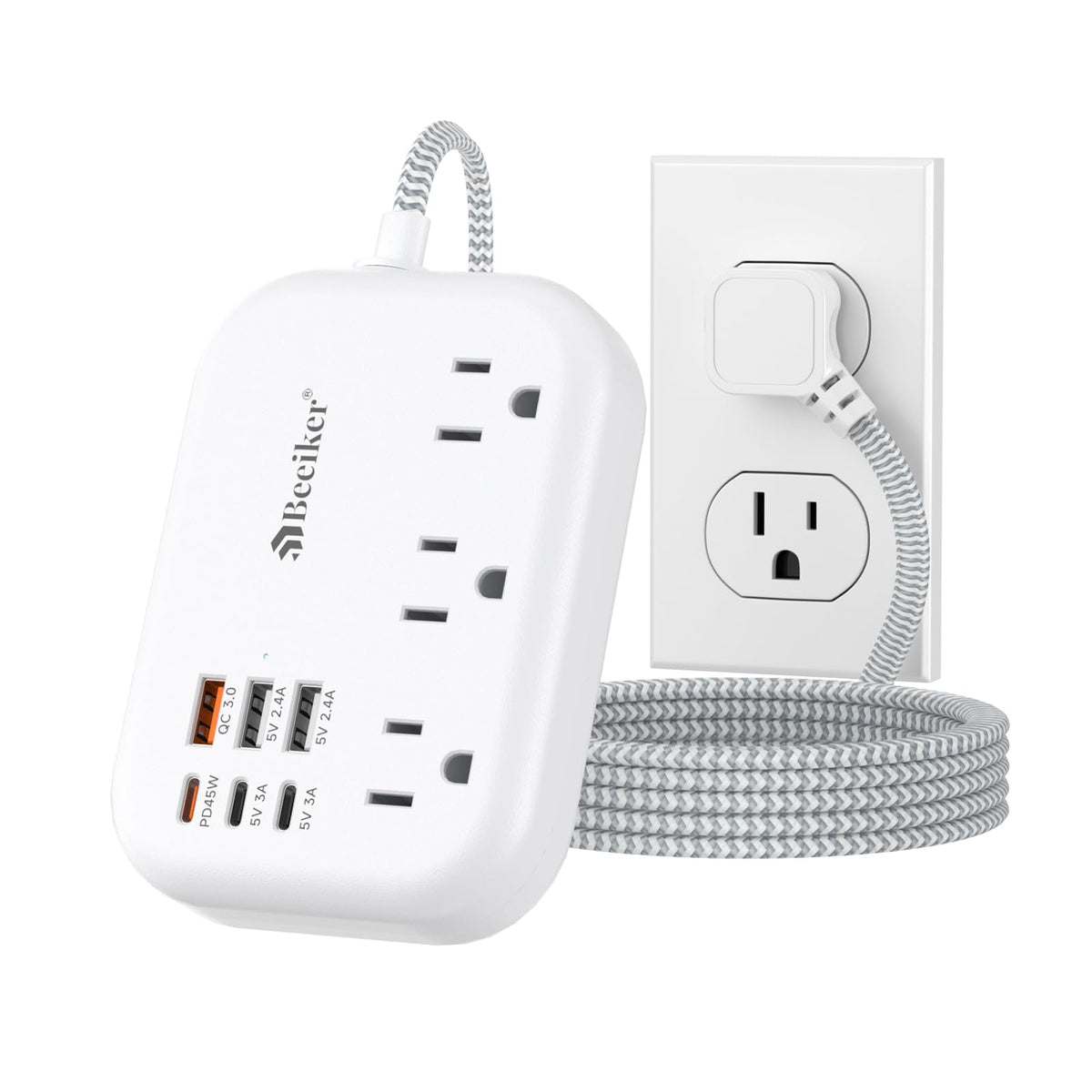 Beeiker front view showing outlets and USB ports with compact design benefit