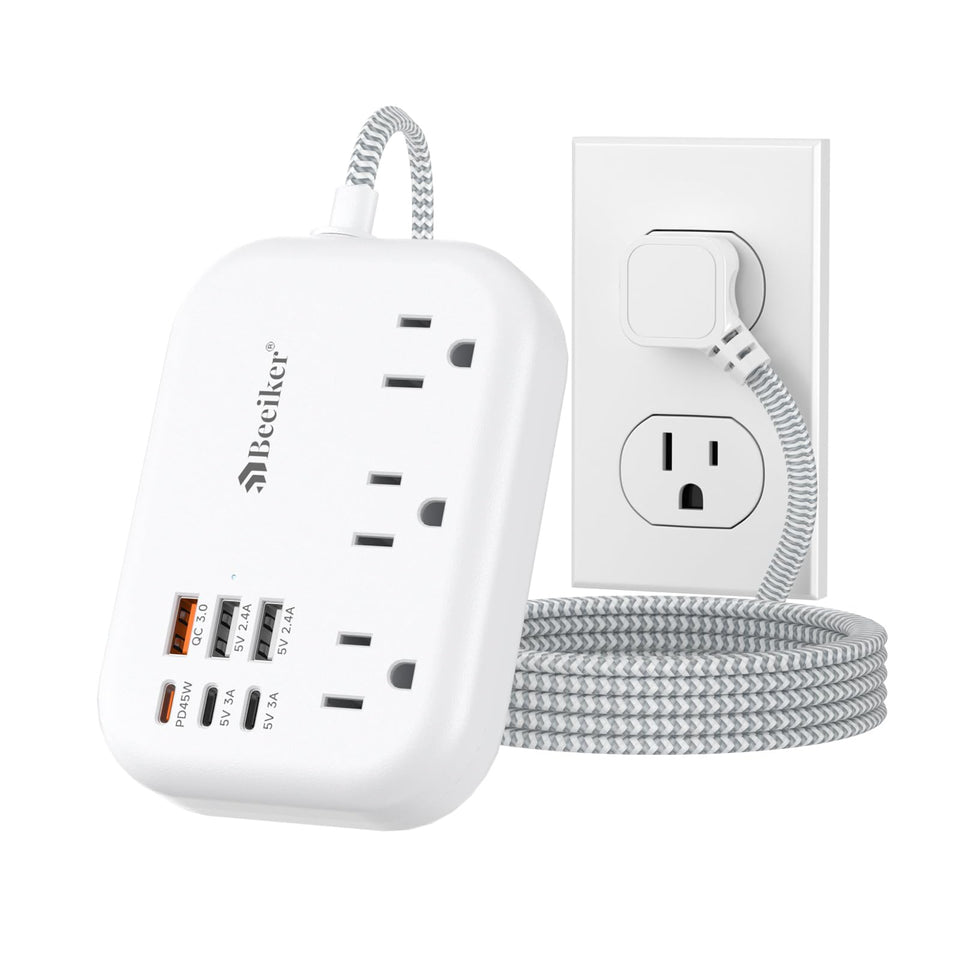 Beeiker front view showing outlets and USB ports with compact design benefit
