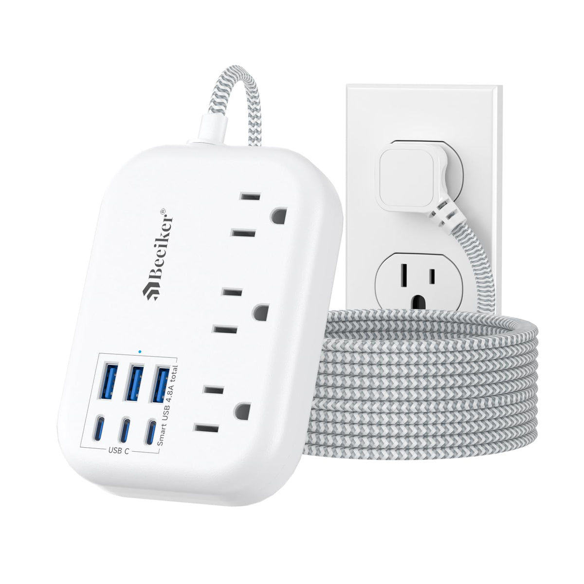 Beeiker front view of power strip showing outlets and USB ports for organized charging