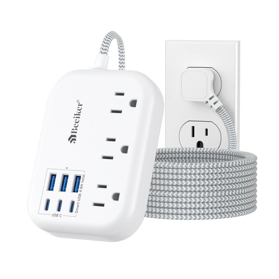 Beeiker front view of power strip showing outlets and USB ports for organized charging