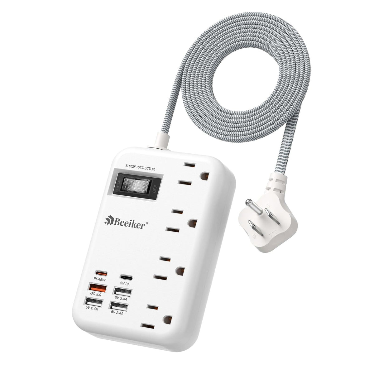 Beeiker front view showing outlets and USB ports with organized charging