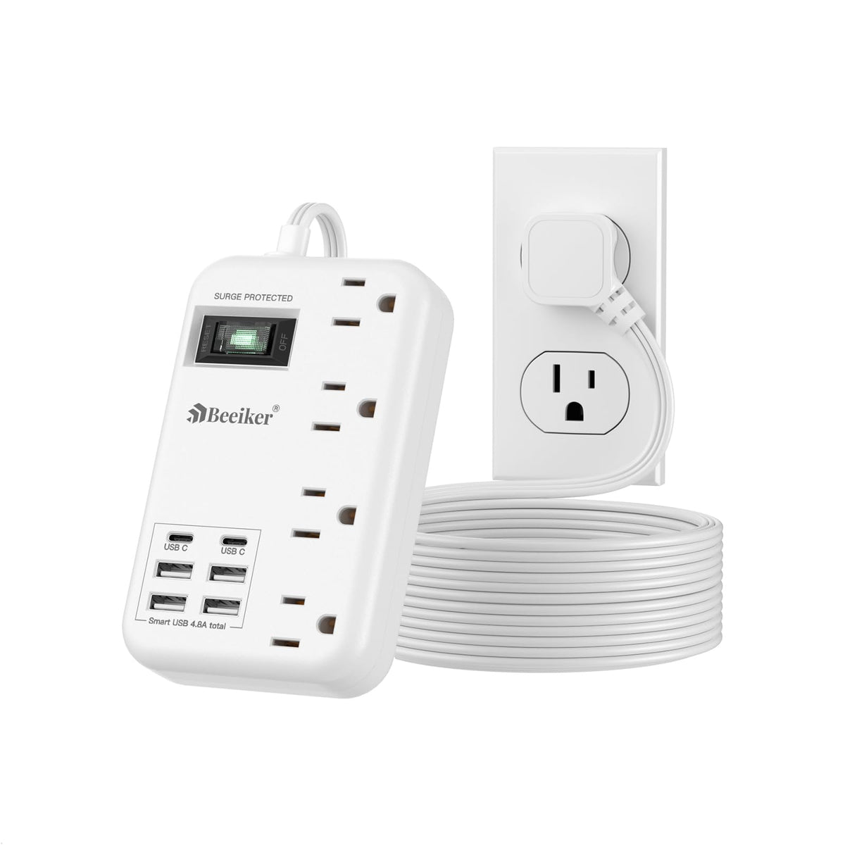 Beeiker front view showing all outlets and USB ports for organized charging
