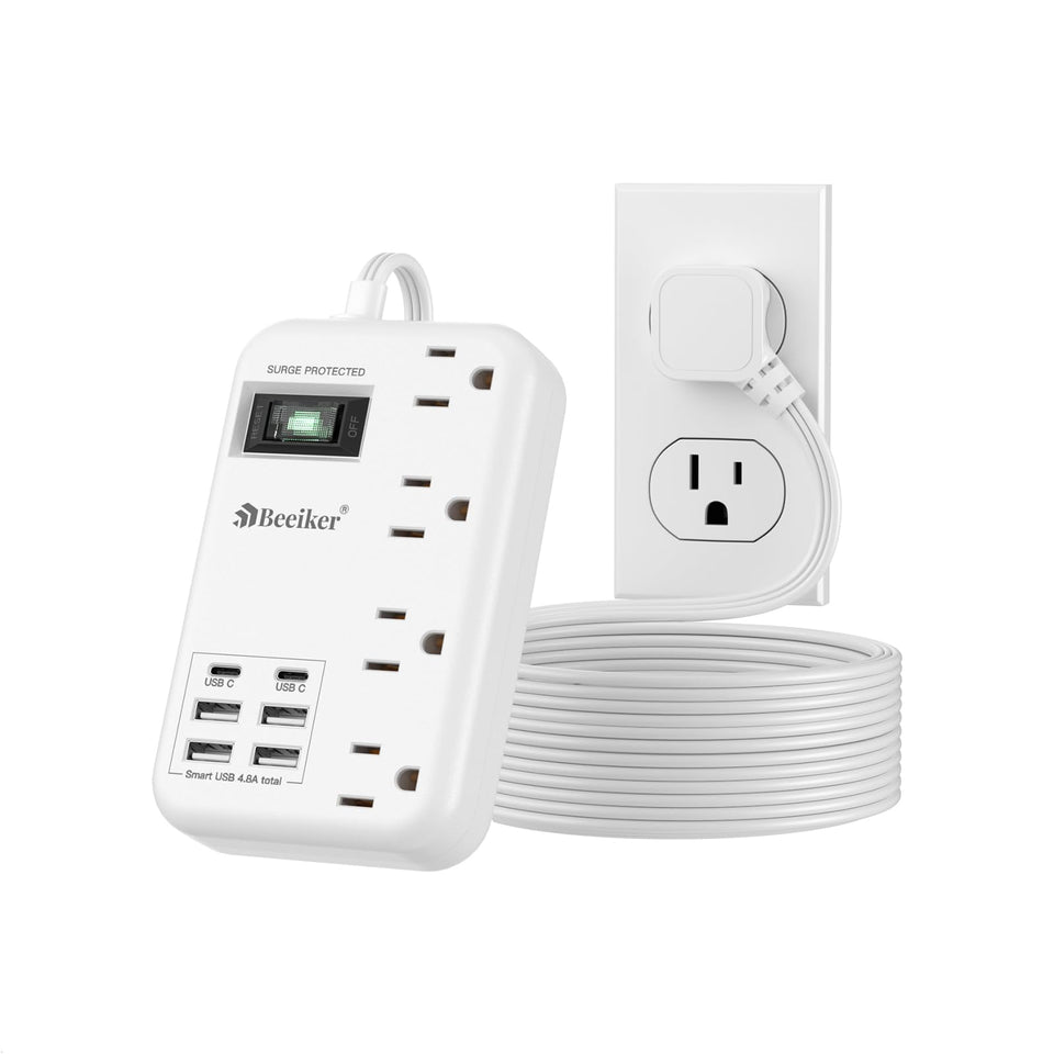 Beeiker front view showing all outlets and USB ports for organized charging