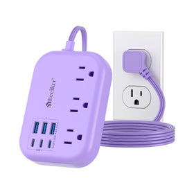 Beeiker front view of purple power strip showing outlets and USB ports for tidy charging
