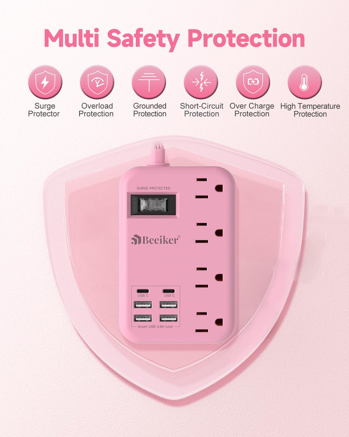 Beeiker power strip charging phone and lamp on desk, organized workstation