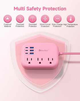 Beeiker power strip powering devices on a pink desk to reduce clutter and speed charging