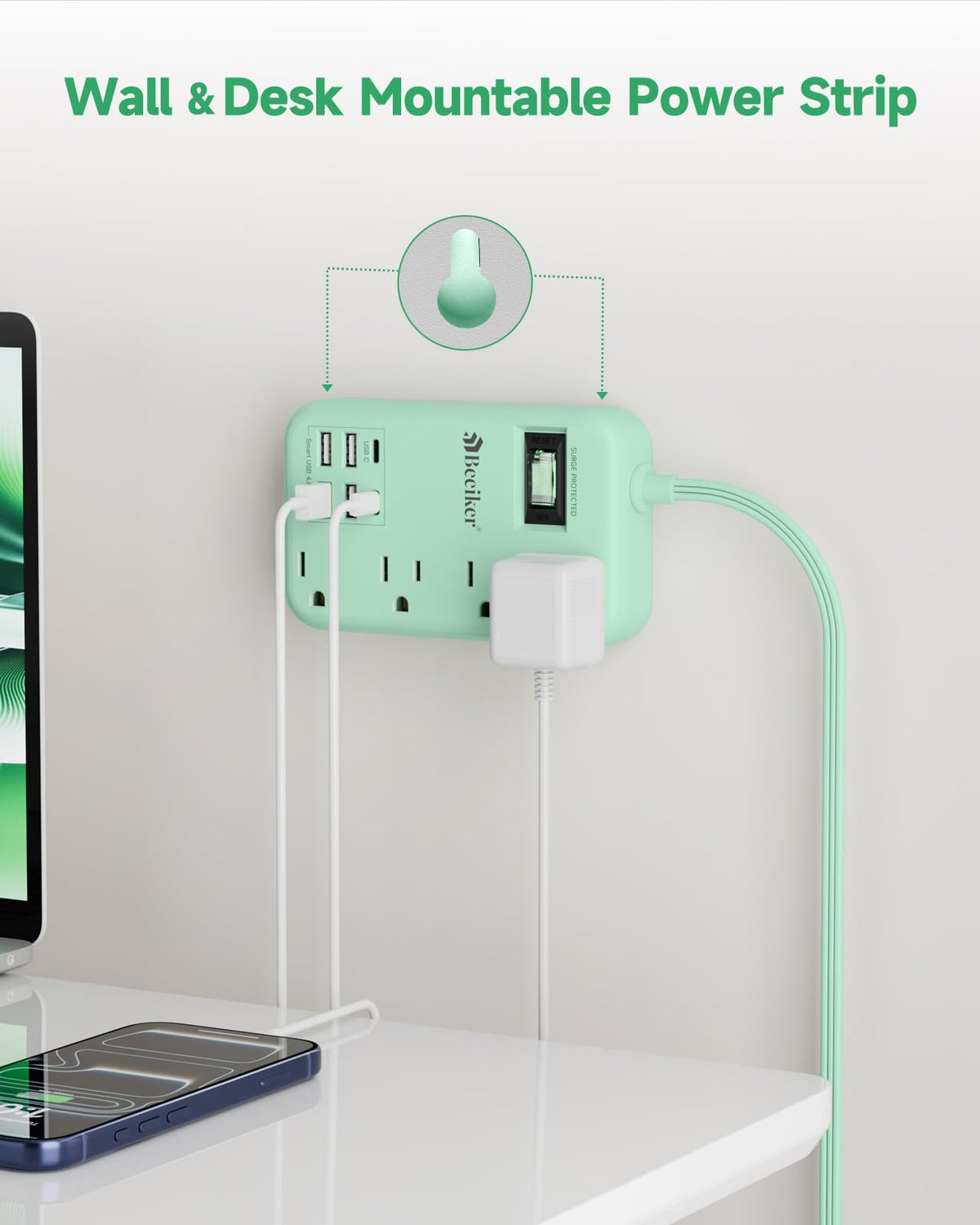 Beeiker mounted under desk, demonstrating wall-mount convenience and tidy cables