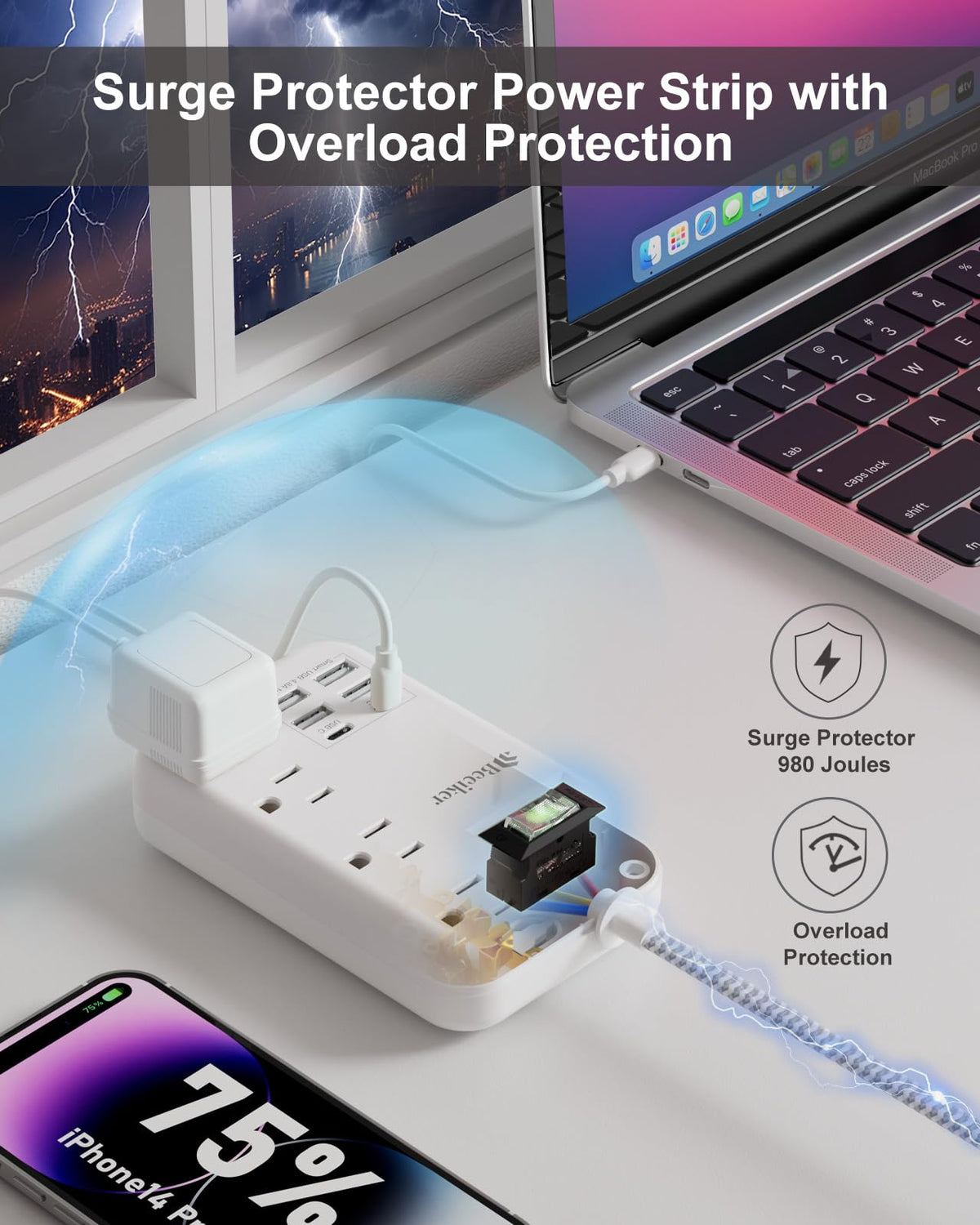 Beeiker power strip on desk charging laptop, phone and tablet simultaneously