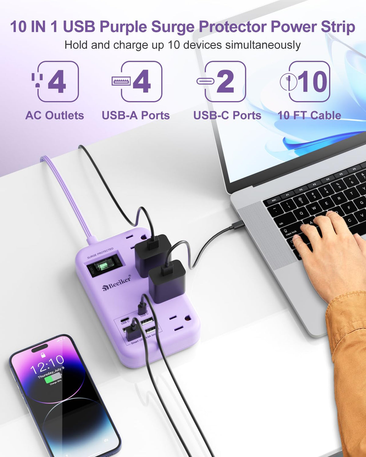 Beeiker top shot of USB ports and AC outlets illustrating simultaneous multi-device charging