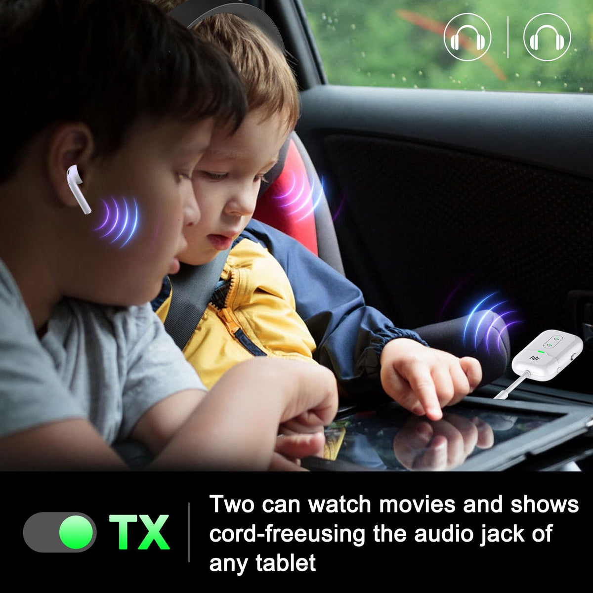 Beeitzie plugged into airplane entertainment jack providing wireless listening benefit