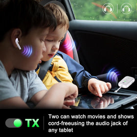 Beeitzie plugged into airplane entertainment jack providing wireless listening benefit