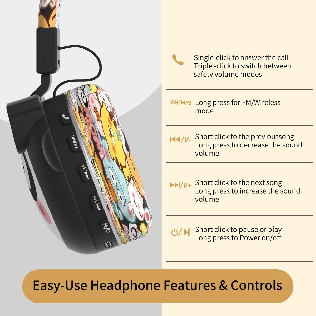 Beerus Headphones built-in mic for hands-free calls.