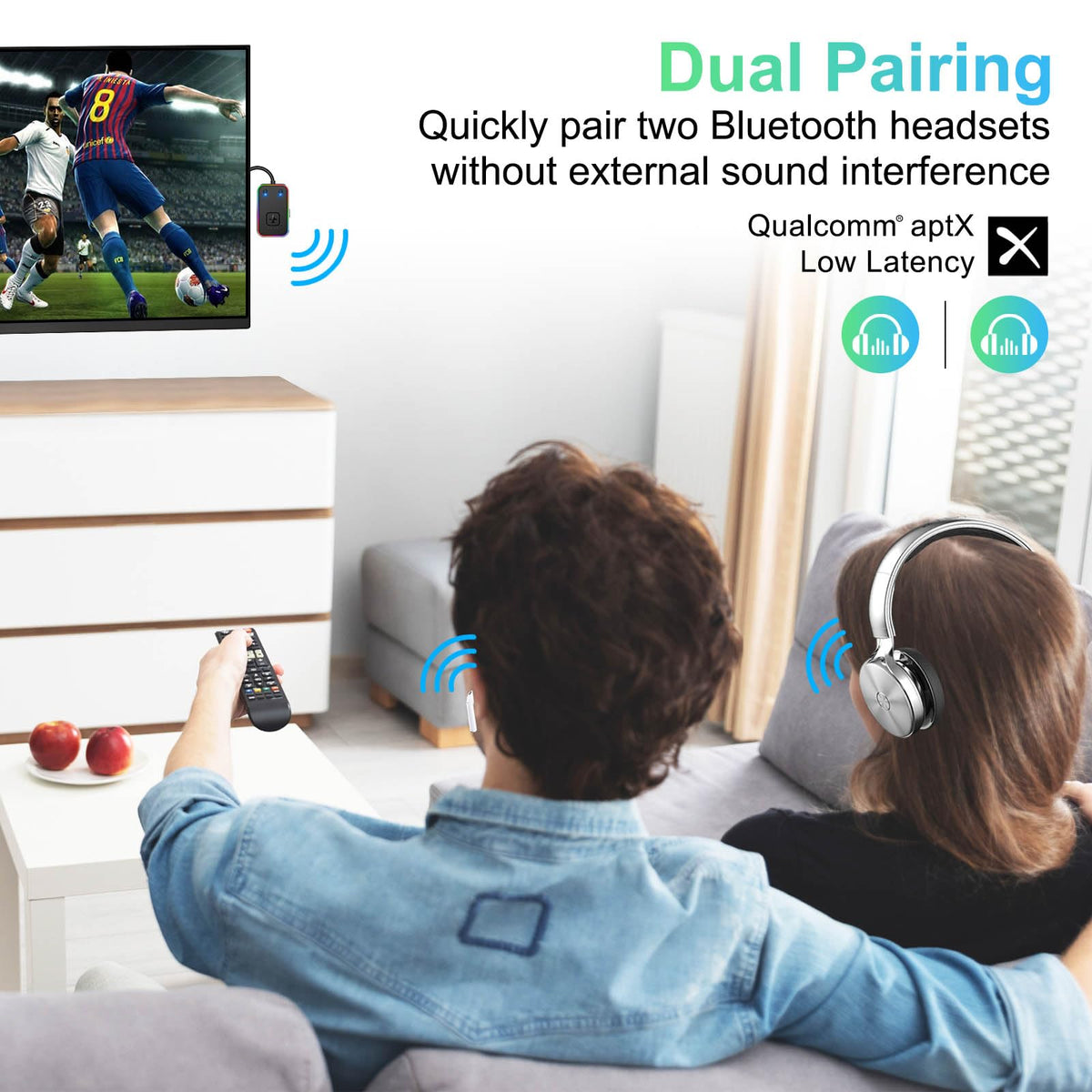 Beeitzie transmitter supports aptX Low Latency for synchronized audio and video.