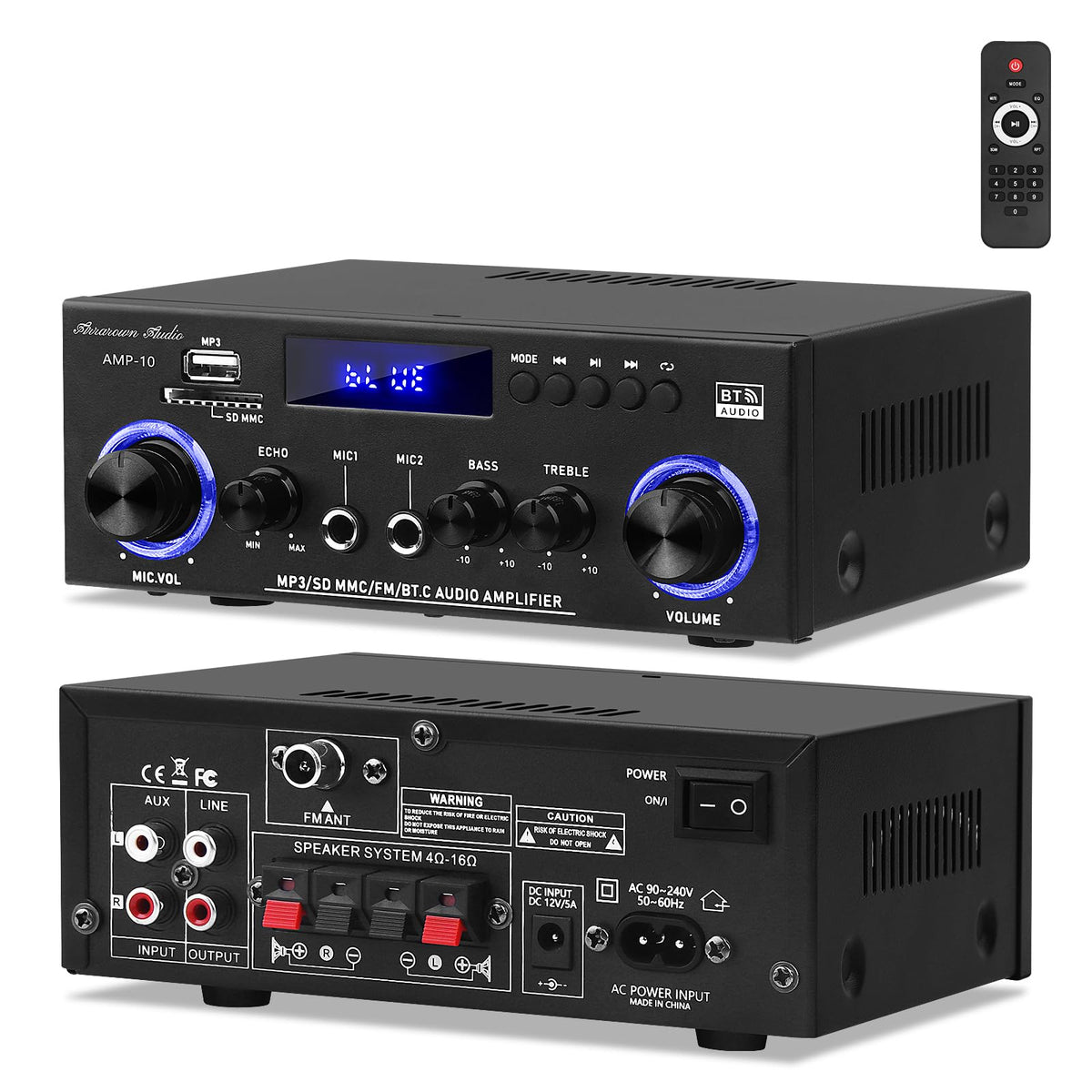 Beffkkip AMP10 front panel showing controls and display, offering easy home audio control