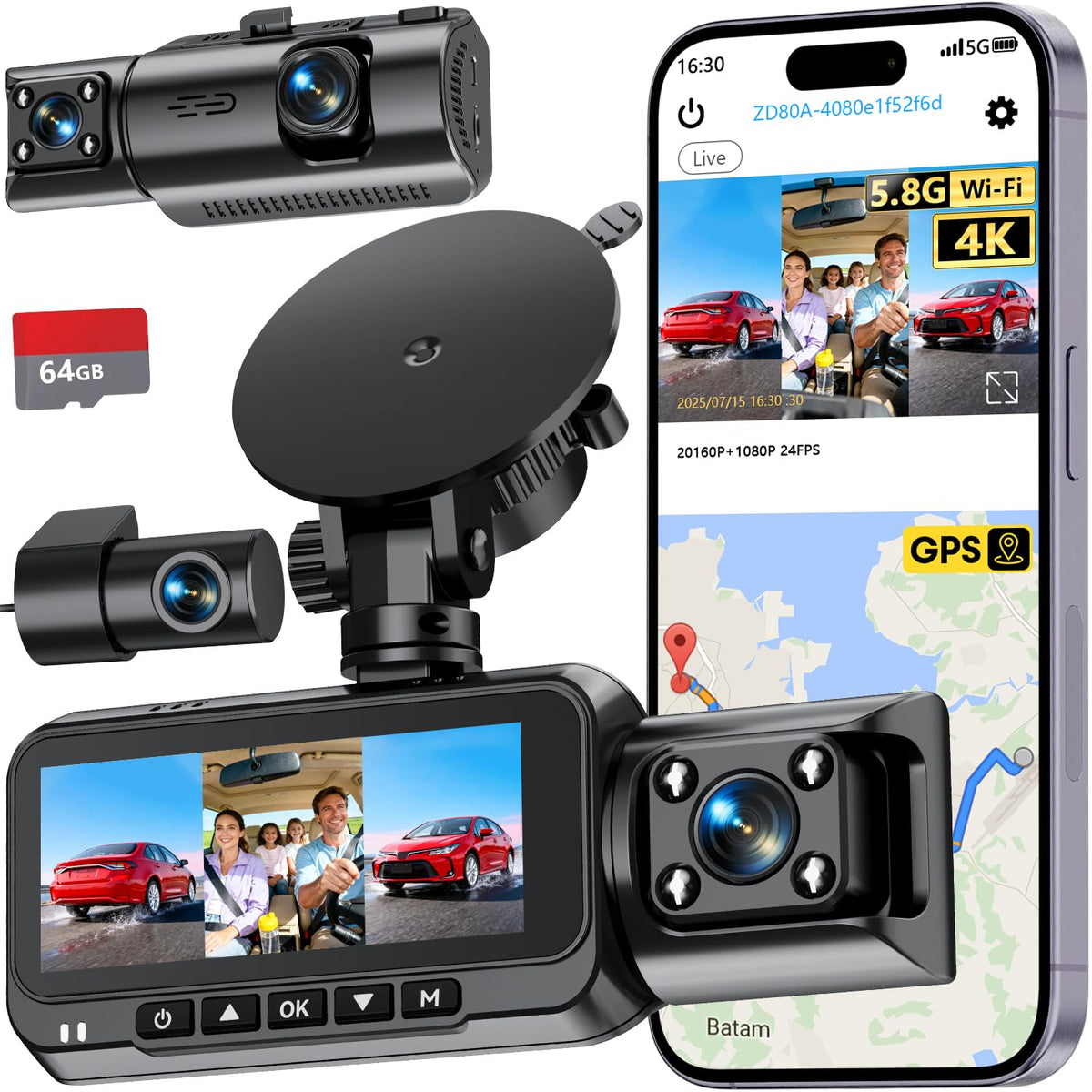 Befumly 3-channel dash cam front view records 4K detail for rideshare safety.