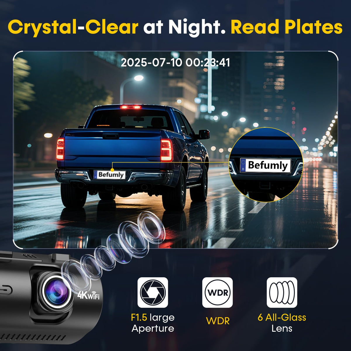 Befumly front camera with night vision shows plates in low light