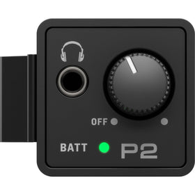 Behringer P2 rear view with belt clip attached for secure on-stage portability