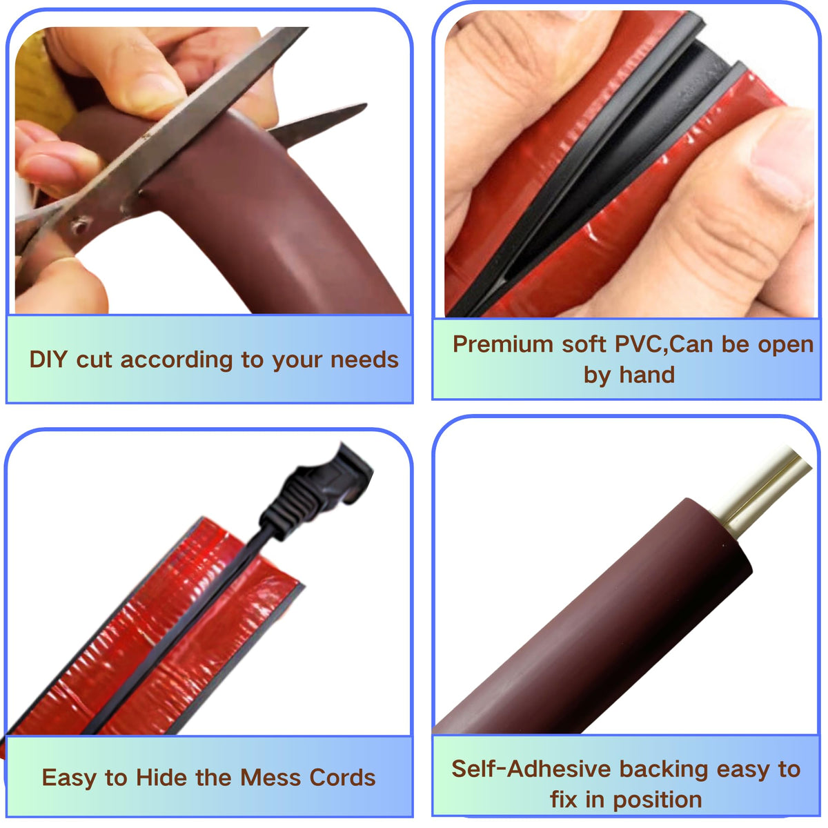 BEIEBIJOB carpet-ready cord cover uses hook-and-loop fasteners for carpeted surfaces.