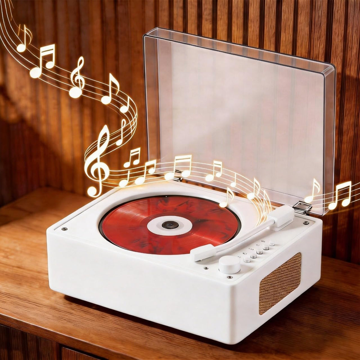 beikuer front view in white showing dual speakers and display, clear sound presentation