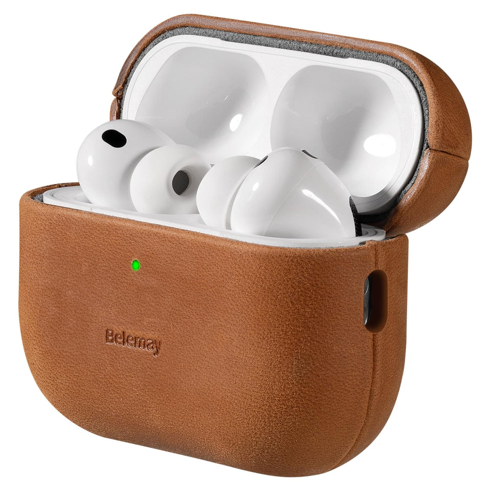 Belemay front view tan case protecting AirPods Pro with refined aesthetic and protection