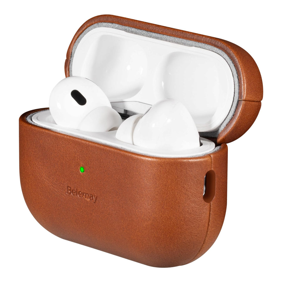 Belemay AirPods Pro 3 saddle brown case front view with MagSafe compatibility.