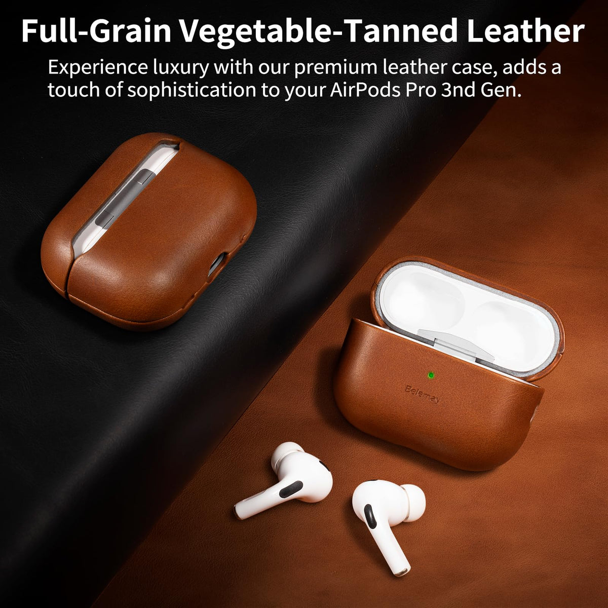 Belemay AirPods Pro 3 case two-tone detail showing aging leather.