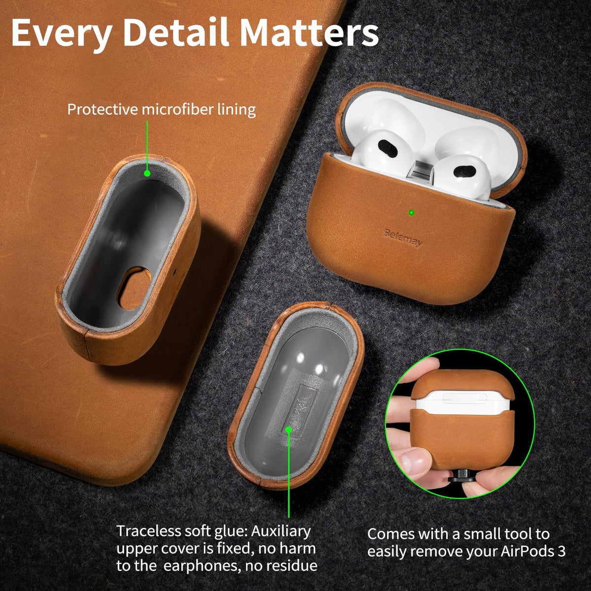 Belemay AirPods 3 case uses USA-sourced leather for quality feel.