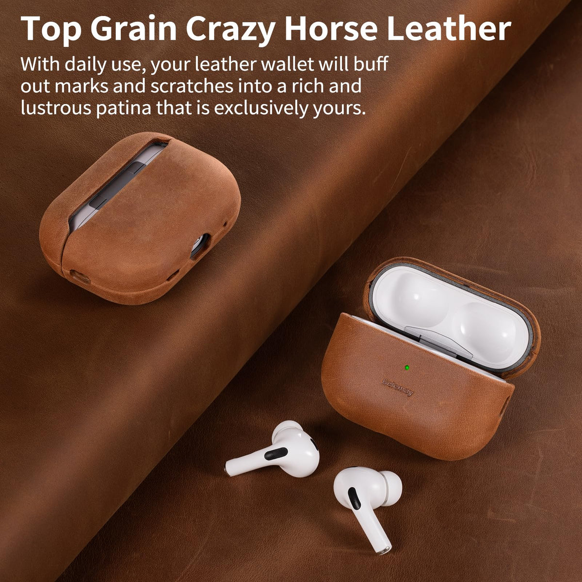 Belemay close-up of Crazy Horse leather texture highlighting vintage patina