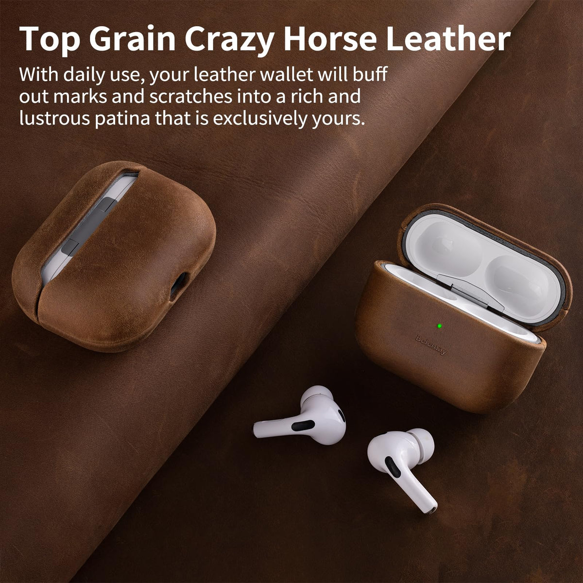 Belemay close-up crazy horse leather texture highlighting rugged finish and character