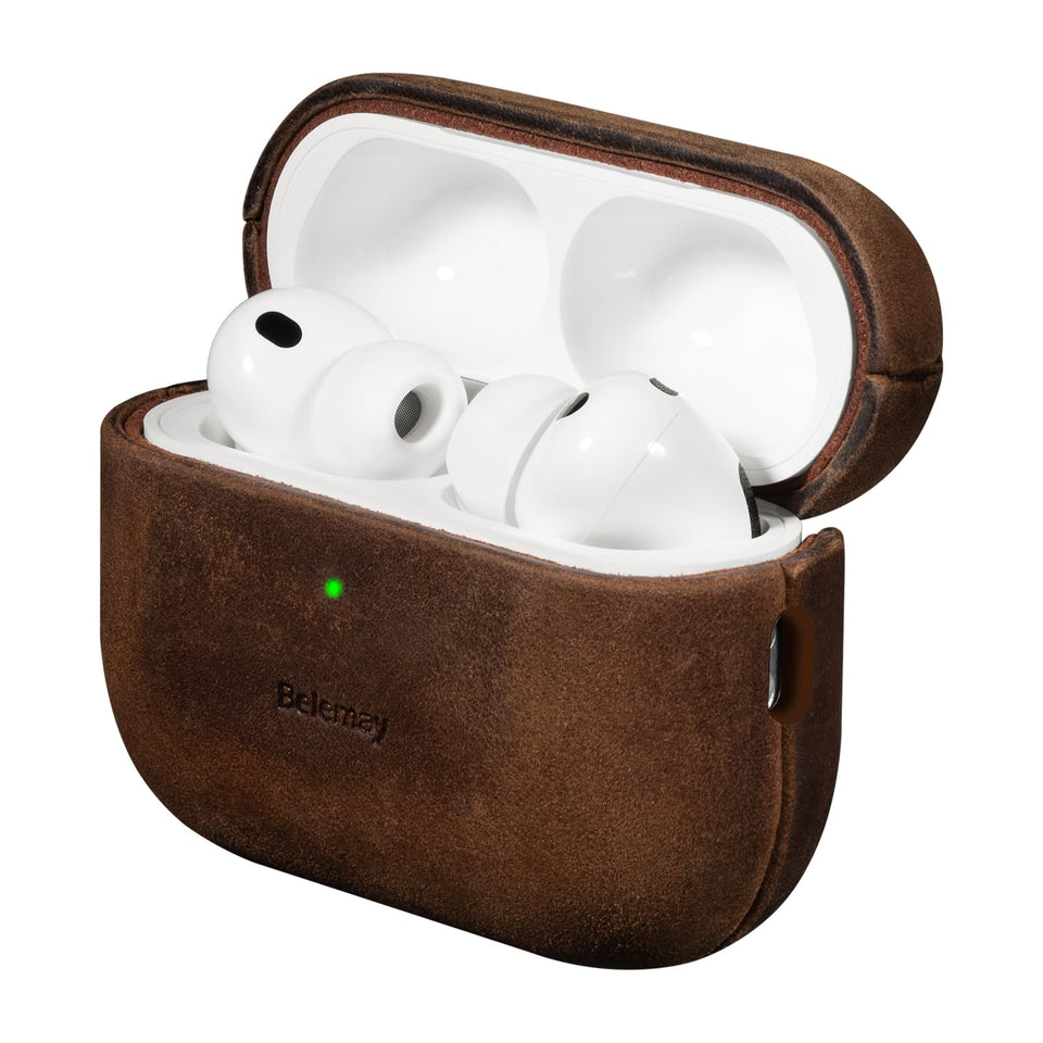 Belemay front view highlighting vintage leather protecting AirPods Pro 3